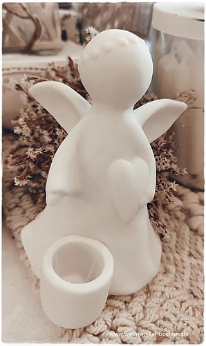 NEU * schöner großer Keramik-Engel in mattem Weiß mit Kerzenhalter
