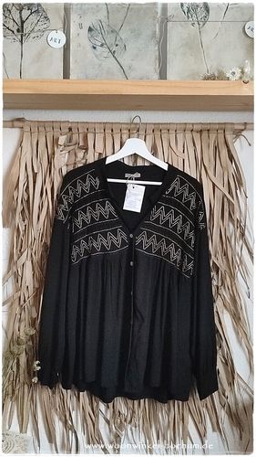 Woonwinkel * schwarze Bluse mit Stickmuster in Beige * Größe max 42